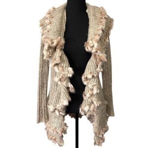 LAPIS Cardigan Duster Sweater Ruffle Tiers With Faux Fur Trim Blush Pink